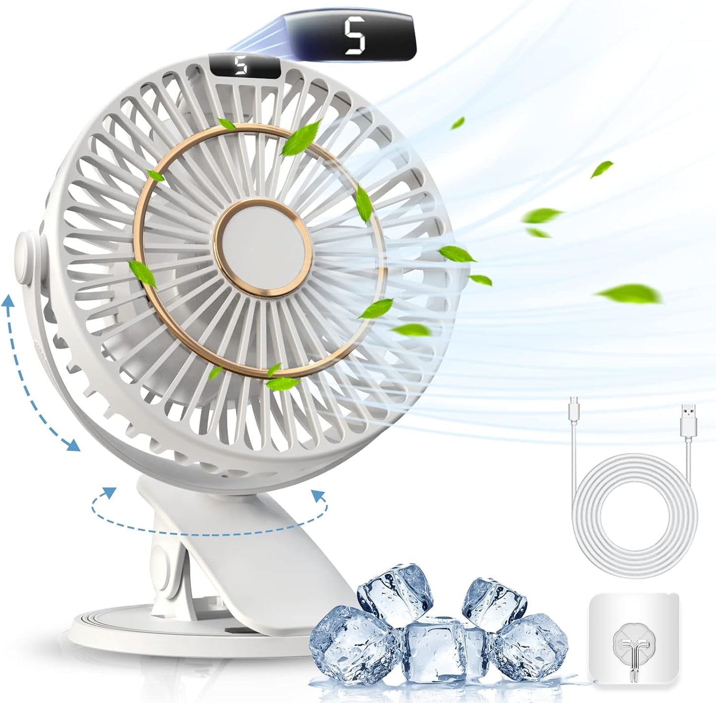 COZII Mini Ventilator, USB Ventilator Leise Clip Ventilator Mit Led-Anzeige, 720° Drehung & 5 Geschwindigkeiten, 16Cm Tragbarer Ventilator Für Zuhause, Büro, Kinderwagen, Outdoor (Weiß)