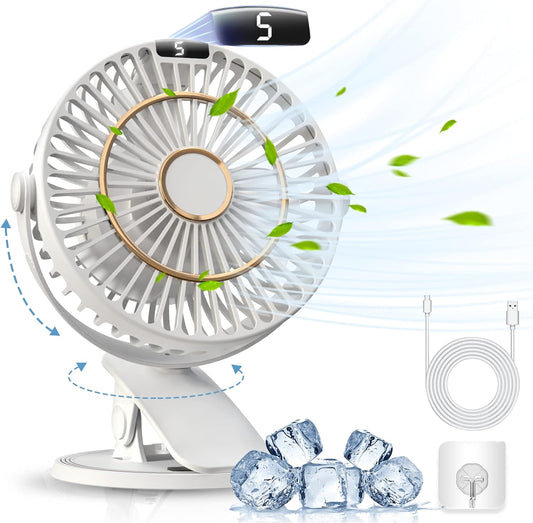 COZII Mini Ventilator, USB Ventilator Leise Clip Ventilator Mit Led-Anzeige, 720° Drehung & 5 Geschwindigkeiten, 16Cm Tragbarer Ventilator Für Zuhause, Büro, Kinderwagen, Outdoor (Weiß)