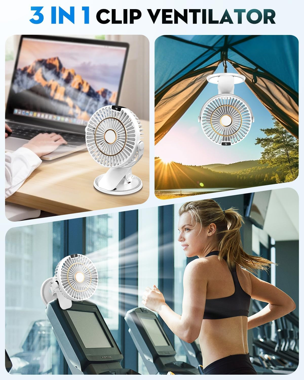 COZII Mini Ventilator, USB Ventilator Leise Clip Ventilator Mit Led-Anzeige, 720° Drehung & 5 Geschwindigkeiten, 16Cm Tragbarer Ventilator Für Zuhause, Büro, Kinderwagen, Outdoor (Weiß)