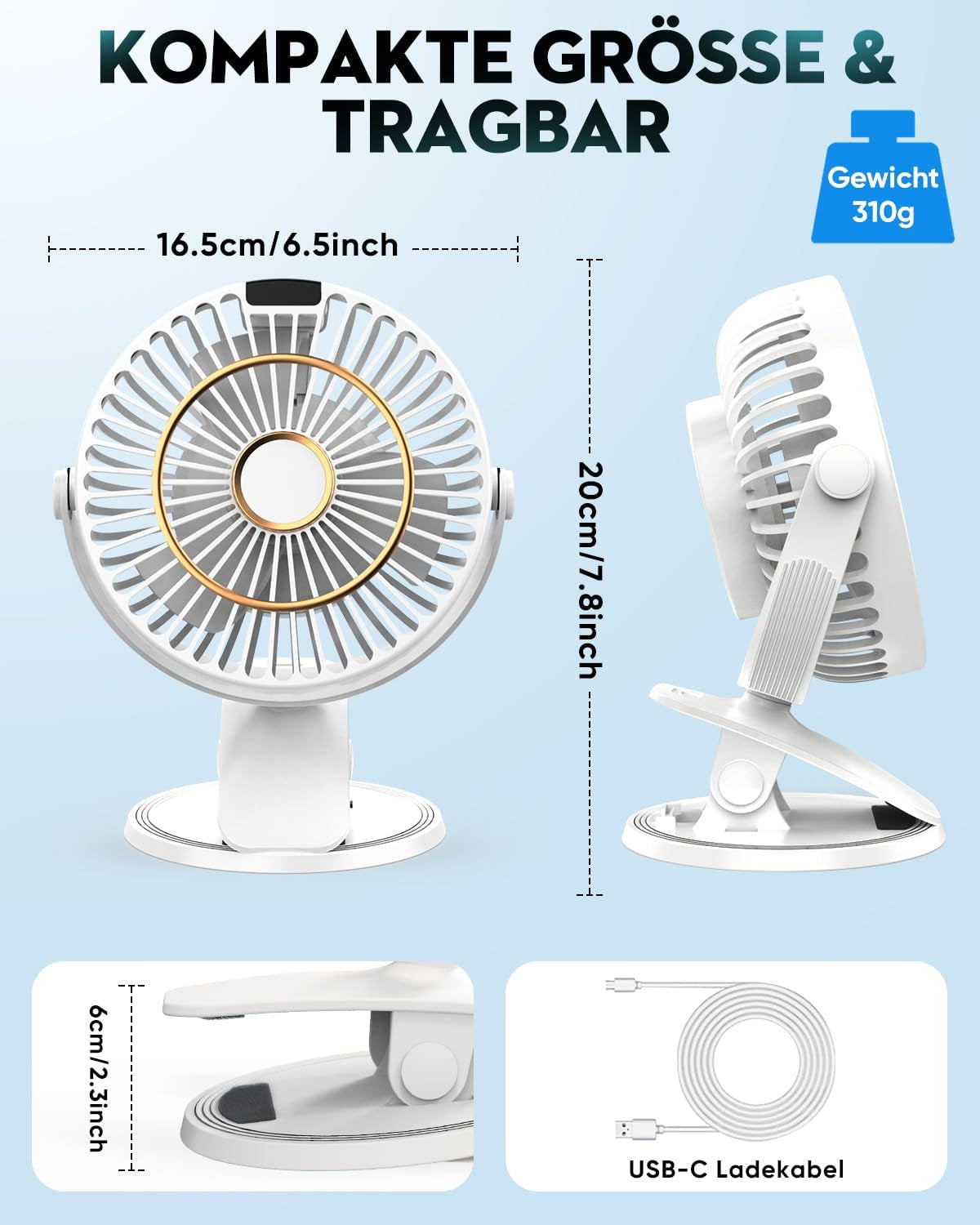 COZII Mini Ventilator, USB Ventilator Leise Clip Ventilator Mit Led-Anzeige, 720° Drehung & 5 Geschwindigkeiten, 16Cm Tragbarer Ventilator Für Zuhause, Büro, Kinderwagen, Outdoor (Weiß)