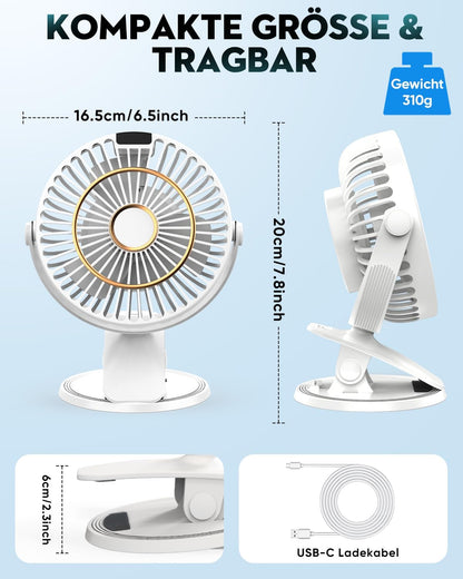 COZII Mini Ventilator, USB Ventilator Leise Clip Ventilator Mit Led-Anzeige, 720° Drehung & 5 Geschwindigkeiten, 16Cm Tragbarer Ventilator Für Zuhause, Büro, Kinderwagen, Outdoor (Weiß)
