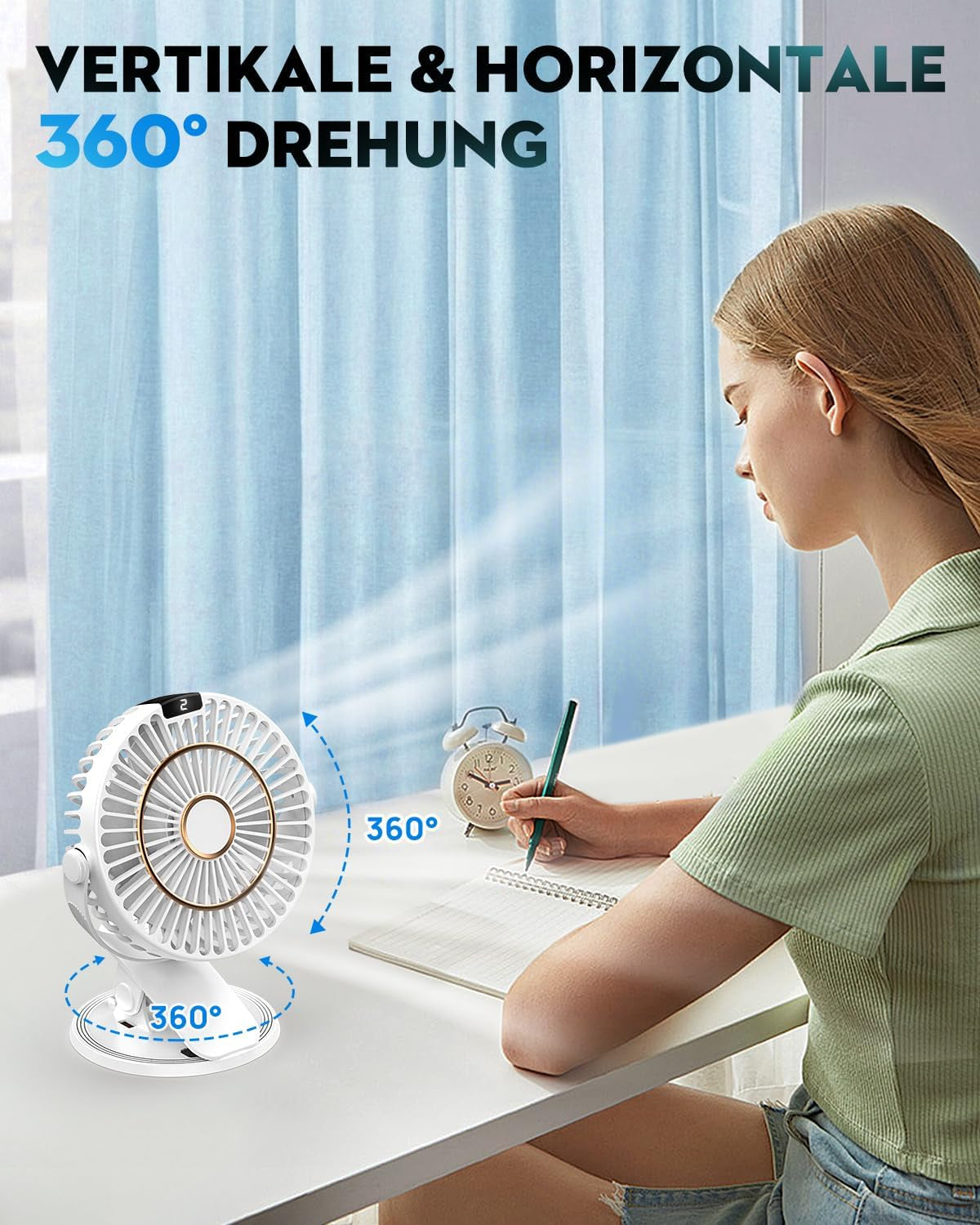 COZII Mini Ventilator, USB Ventilator Leise Clip Ventilator Mit Led-Anzeige, 720° Drehung & 5 Geschwindigkeiten, 16Cm Tragbarer Ventilator Für Zuhause, Büro, Kinderwagen, Outdoor (Weiß)