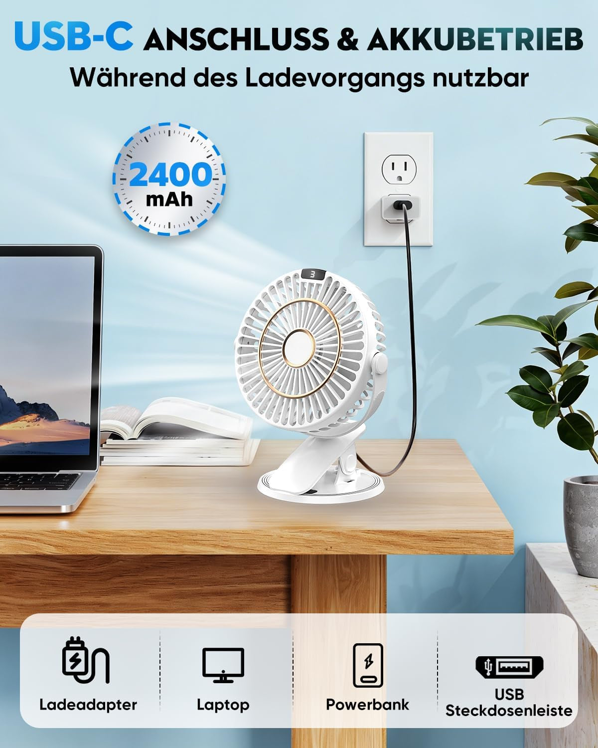 COZII Mini Ventilator, USB Ventilator Leise Clip Ventilator Mit Led-Anzeige, 720° Drehung & 5 Geschwindigkeiten, 16Cm Tragbarer Ventilator Für Zuhause, Büro, Kinderwagen, Outdoor (Weiß)